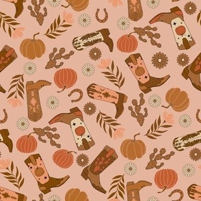 MEDIUM boho neutral fall cowgirl fabric - cowgirl boots pumpkins cute design