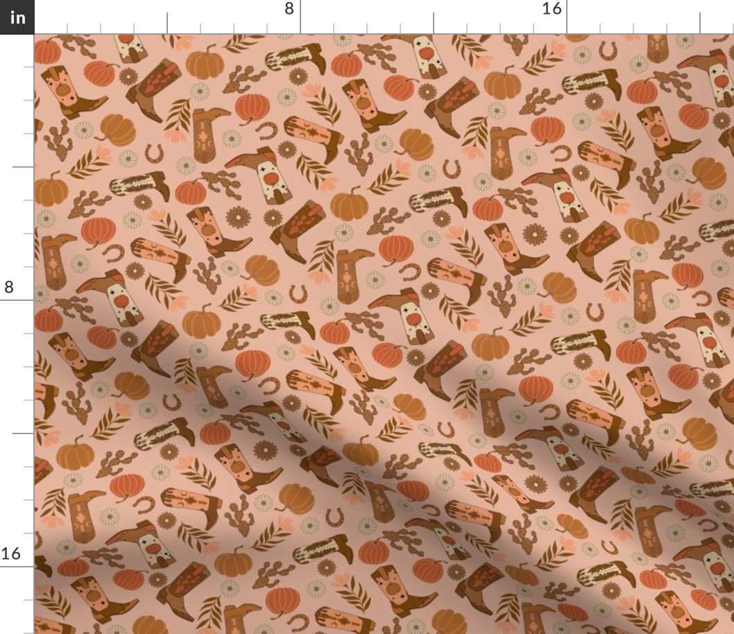 MEDIUM boho neutral fall cowgirl fabric - cowgirl boots pumpkins cute design