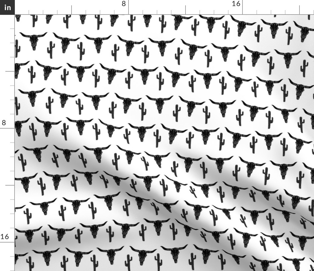 SMALL longhorn fabric - western skulls and cactus fabric - bw