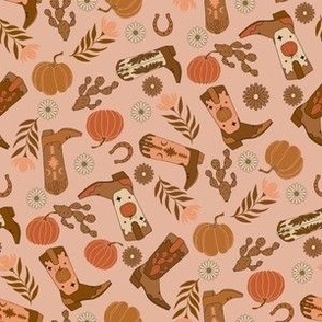 MINI boho neutral fall cowgirl fabric - cowgirl boots pumpkins cute design