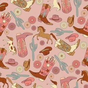 SMALL cowgirl western fabric - boho neutral cowgirl boots, hats, cactus cute girls design
