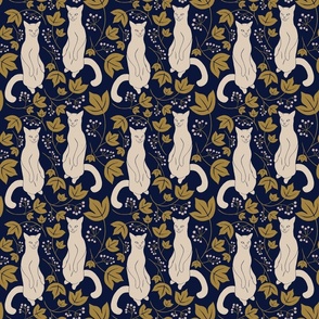 Vintage Victorian cat botanical // cream cat on two legs with gold leaves on navy blue // library wallpaper (small)