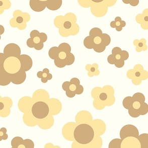 Boho Retro groovy 1960s big flowers baby brown butter yellow cream hippie flower power baby room wallpaper