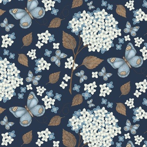 Butterflies and Hydrangeas- navy background, XL scale (updated Feb. 2023)
