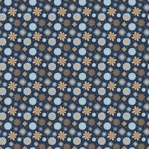 Blue, White, and Brown folksy flowers- navy background x small scale