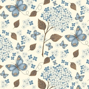 Butterflies and Hydrangeas- ivory background, lg scale (Feb 2023)