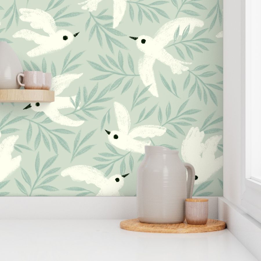 ditsy birds with leaves on monochrome mint green