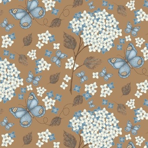 Butterflies and Hydrangeas- brown background, lg scale (Feb 2023)