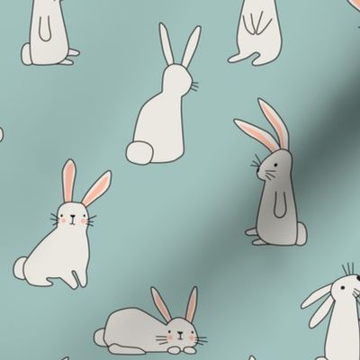 White Bunnies on Soft Teal - 3 inch