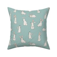 White Bunnies on Soft Teal - 3 inch