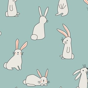 White Bunnies on Soft Teal - 3 inch