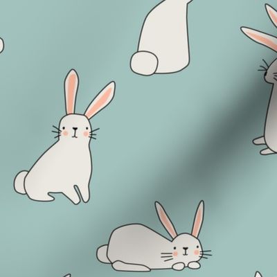 White Bunnies on Soft Teal - 4 inch