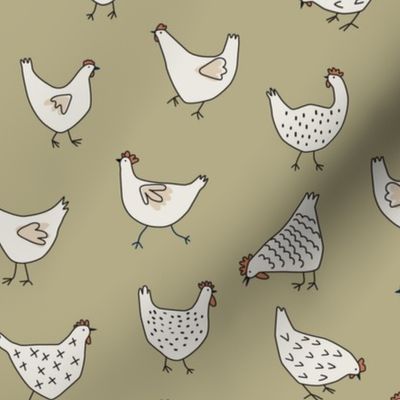 Hand drawn Chickens on Olive Green - 2 inch
