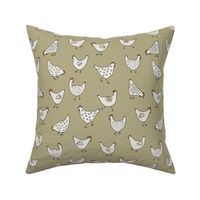 Hand drawn Chickens on Olive Green - 2 inch
