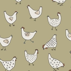 Hand drawn Chickens on Olive Green - 2 inch