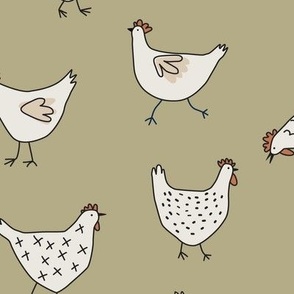 Hand drawn Chickens on Olive Green - 3 inch