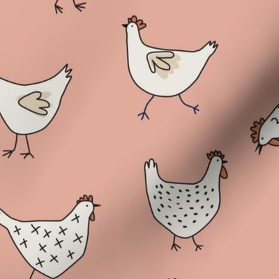 Hand Drawn Chickens on Soft Pink - 3 inch