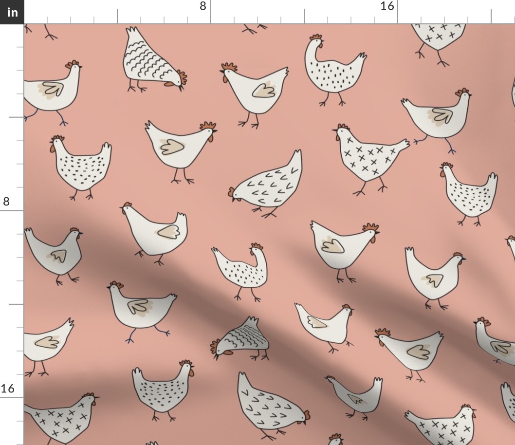 Hand Drawn Chickens on Soft Pink - 3 inch