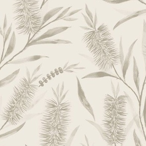 Medium Watercolor Australian  Bottle Brush Flowers in Dulux Linseed Neutral  with Antique White USA Background