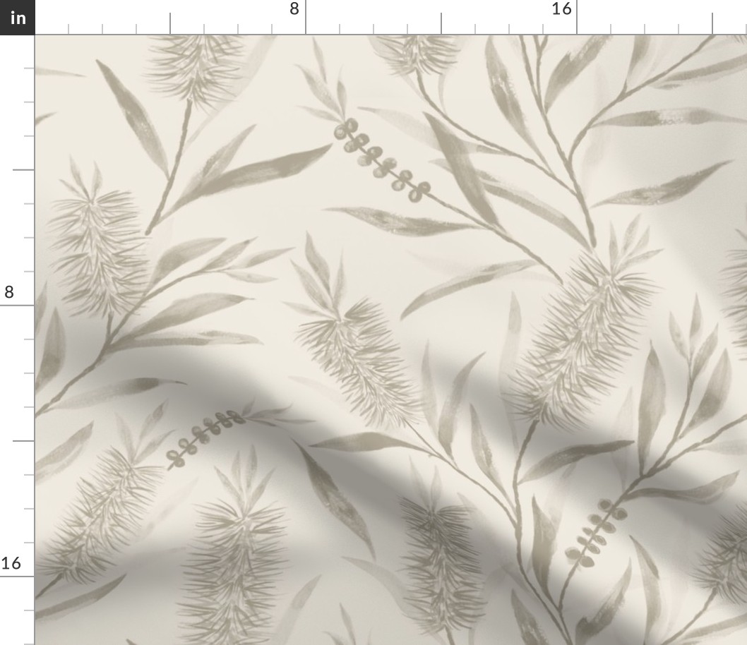 Large Watercolor Australian  Bottle Brush Flowers in Dulux Linseed Neutral  with Antique White USA Background