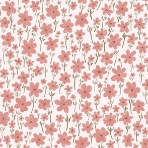 261 - $ Small  scale loose watercolor daisy floral meadow, organic textures, for kids apparel, dresses, nursery decor, kitchen linen in muted dusty  coral pink and  olive green 