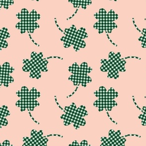 plaid green 4 leaf clover shamrock on pink 