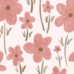 261 - Large scale loose watercolor daisy floral meadow, organic textures, for kids apparel, dresses, nursery decor, kitchen linen in muted dusty  coral pink and  olive green 