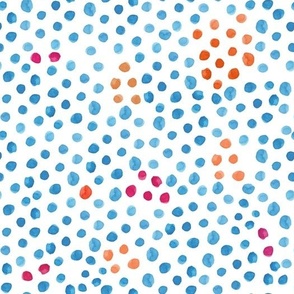 Blue, Orange & Pink Polka Dot on White Background