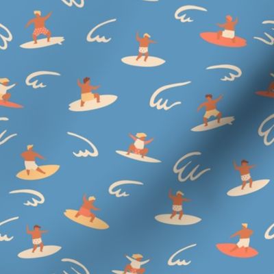 Cute little surfers in retro blue