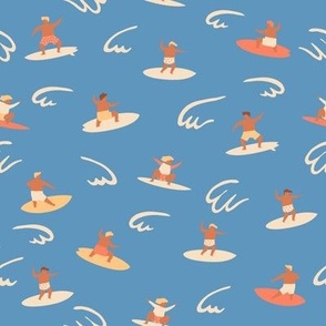 Cute little surfers in retro blue