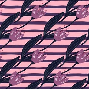 Diagonal Plum Tulips on Pink and Indigo Stripes