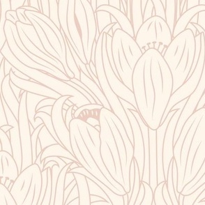 Medium Outlined Mirrored Winter Crocus Flowers outlined in Pale Dogwood Pink  with a Seashell White Background