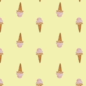 Small Watercolor Ice Cream in Waffle Cones with Pastel Yellow Background in Two Directions
