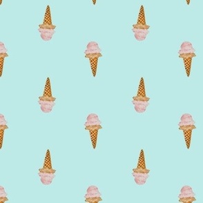 Small Watercolor Ice Cream in Waffle Cones with Pastel Acqua background in Two Directions