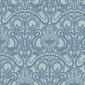 folk octopus damask mid blue aqua