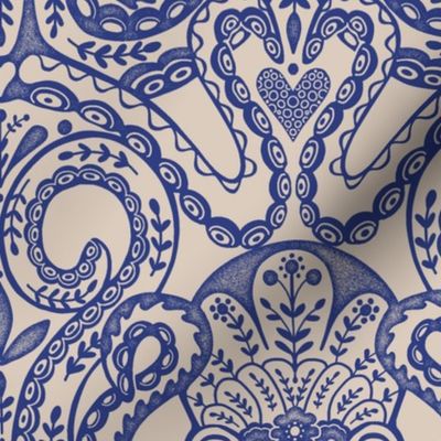 Folk octopus damask ink blue
