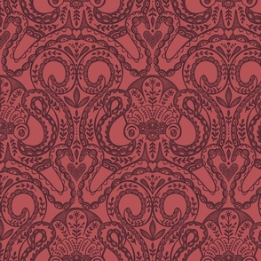 Folk octopus damask ox blood red