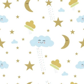 Smiling cloud_ moon_ sleeping stars seamless pattern