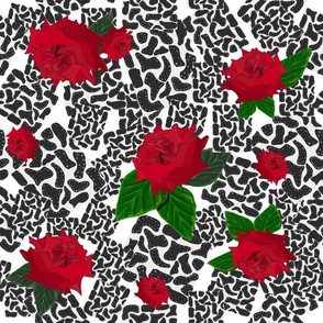 Shining leopard pattern with hand drawn showy red roses