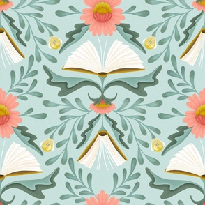 (L) Books disguised as flowers, maximalist folk art book, library, pink teal sea glass blue