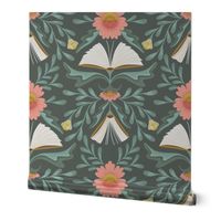 (L) Books disguised as flowers, maximalist folk art book, library, pink teal dark green