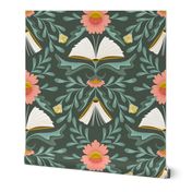 (L) Books disguised as flowers, maximalist folk art book, library, pink teal dark green