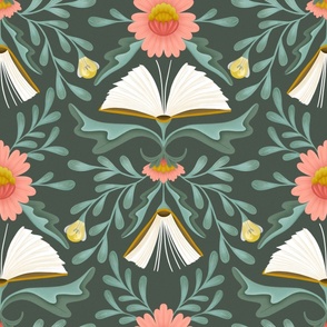 (L) Books disguised as flowers, maximalist folk art book, library, pink teal dark green