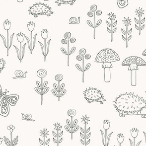333 - Medium jumbo scale Whimsical garden with snails, toadstools, butterflies, Punky Hedgehogs and Mushrooms -  for home decor, nursery curtains, cot sheets, breastfeeding pillows, cloth diapers, kids apparel. monochromatic black and warm white 
