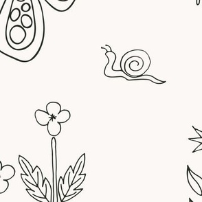 333 - Large jumbo scale Whimsical garden with snails, toadstools, butterflies, Punky Hedgehogs and Mushrooms -  for home decor, nursery curtains, cot sheets, breastfeeding pillows, cloth diapers, kids apparel. monochromatic black and warm white 