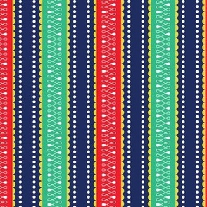 Christmas ornamental stripes in blue, red and green