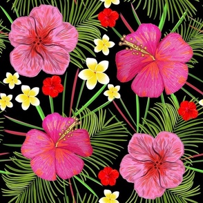 Pink and red hibiscus and frangipani hawaiian pattern