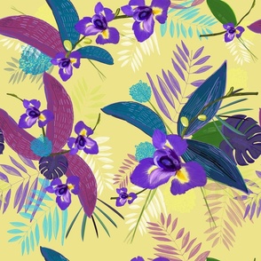 Iris flower purple tropical leaves pattern with yellow background