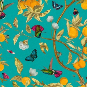 Hummingbirds, lemons and butterflies in aqua turquoise blue