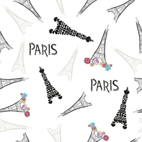 Eiffel tower hand drawn colorful flowers Paris text pattern